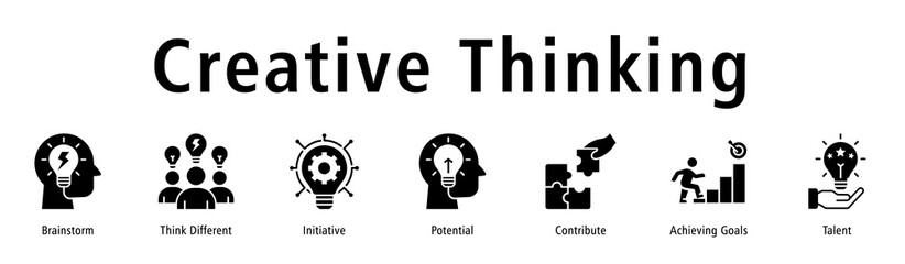 Banner reflecting creative thinking through brainstorming, initiative, talent and goal orientation.