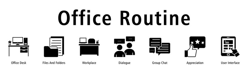 Banner showing daily office routines through desks, files, dialogues, chats and UI.