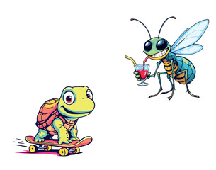 Vsai turtle skateboarding next to bee drinking juice