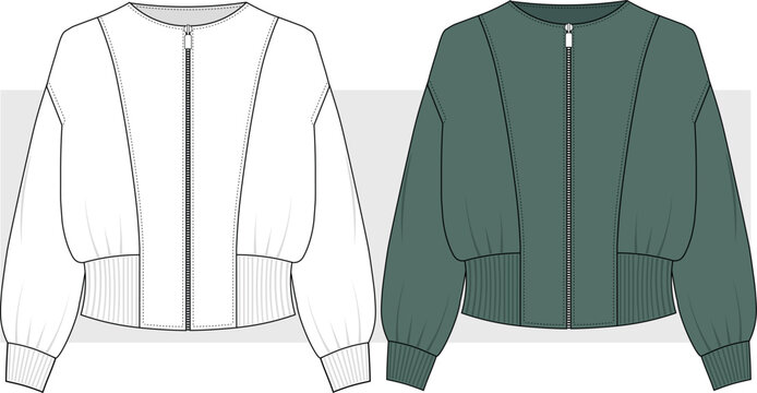 Bomber jacket drawing, ribbed detailed Technical fashion drawing, illustration. Cropped sweatshirt jacket vector. Front view, vector. CAD, Mockup set.