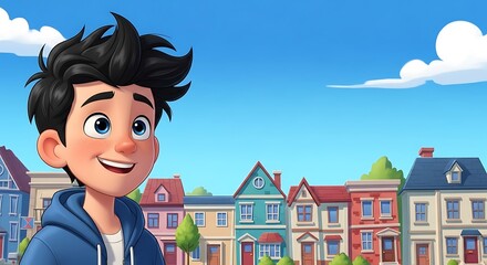 Cheerful young male character wearing a blue hooded garment stands before a row of quaint residential buildings under a bright blue sky