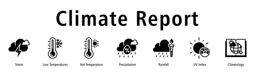 Climate Report web banner icon vector illustration with icons of Storm, Low Temperatures, Hot Temperature, Precipitation, Rainfall, UV Index, and Climatology.