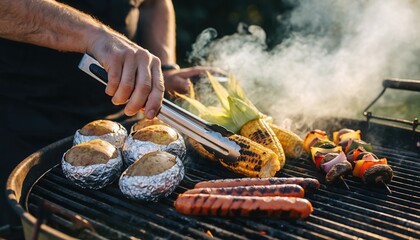 Barbecue Feast: Close-up of hands grilling a delicious assortment of BBQ delights – corn on the cob, sausages, potatoes, and vegetable skewers – creating an inviting atmosphere of outdoor eating