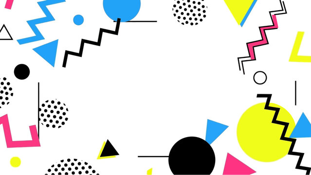 Vibrant Memphis style background with geometric shapes and patterns.