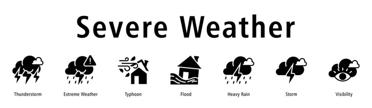 Severe Weather web banner icon vector illustration with icons of Thunderstorm, Extreme Weather, Typhoon, Flood, Heavy Rain, Storm, and Visibility.