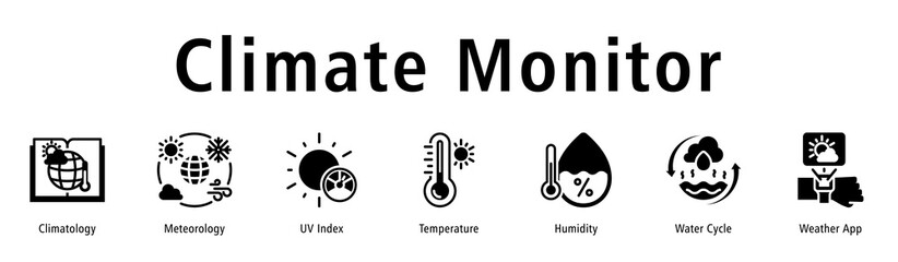 Climate Monitor web banner icon vector illustration with icons of Climatology, Meteorology, UV Index, Temperature, Humidity, Water Cycle, and Weather App.