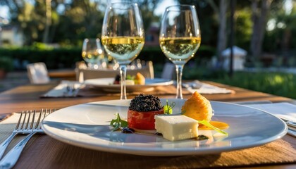 Elegant Dining: Capturing a culinary moment with artistic plating and the glow of sunshine. Two wine glasses frame a tantalizing dish.