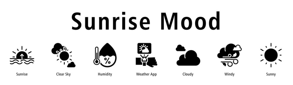 Sunrise Mood web banner icon vector illustration with icons of Sunrise, Clear Sky, Humidity, Weather App, Cloudy, Windy, and Sunny.
