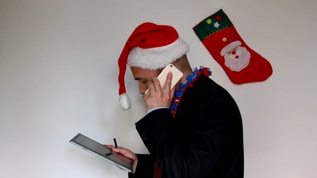 Trabajador aut&oacute;nomo en Navidad trabajando con tel&eacute;fono m&oacute;vil, tablet y gorro de Papa Noel durante fiestas navide&ntilde;as