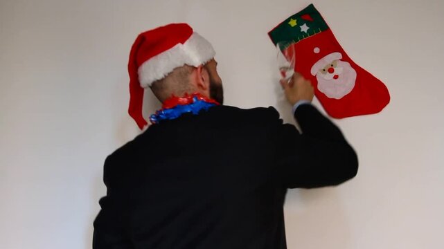 Celebrando solo Navidad y fiestas con baile y brindis de espaldas vestido de Papa Noel