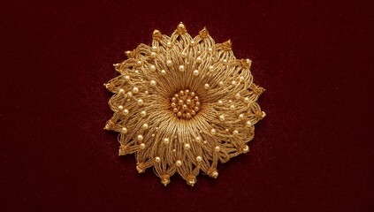 Opulent golden thread and pearl flower brooch on a rich, dark burgundy velvet background.