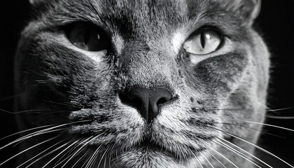 Close-up of a gray cat's face in black and white, showing its piercing eyes and whiskers