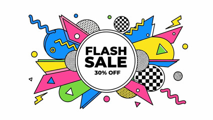 Flash sale promotion with geometric shapes and vibrant colors.