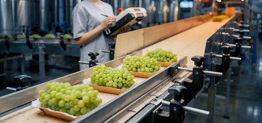 Quality Control of Grapes on Conveyor Belt: A food production worker meticulously inspects a batch of fresh.