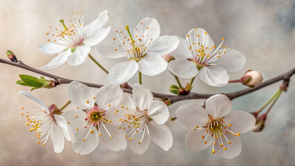 Obraz premium Spring botanical engraving style. Delicate white cherry blossoms on branch evoke sense of springtime elegance