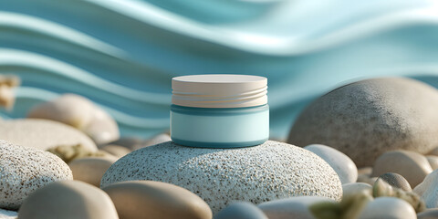 Facial Cream Jar Mockup on Stylized Pebble Base with Ambient Lighting