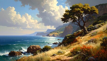 Coastal landscape features rocky cliffs, grassy slopes, and a lone tree against a partly cloudy sky and ocean
