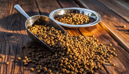 Healthy Meal: The image showcases a healthy and balanced meal, with a metal scoop dispensing nutritious pet food onto a wooden surface. A stainless steel bowl sits next to it, filled with dry food