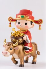 Naklejka premium Adorable chibi God of Wealth riding a chibi ox, carrying a treasure pot full of gold, red-gold festive clothing, glossy PVC figure look, white studio background.