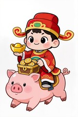 Fototapeta premium Adorable chibi God of Wealth riding a chubby chibi pig, carrying a treasure chest, red-and-gold festive outfit, shiny toy-like finish, clean white background.