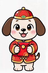 Naklejka premium Chibi dog character in red-and-gold Chinese New Year attire, holding a lucky red envelope, adorable expression, shiny toy-like appearance, white background for photostock.
