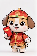 Fototapeta premium Chibi dog character in red-and-gold Chinese New Year attire, holding a lucky red envelope, adorable expression, shiny toy-like appearance, white background for photostock.
