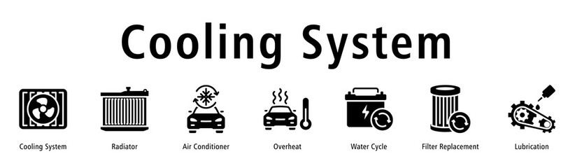 Cooling System web banner icon vector illustration with icons of Cooling System, Radiator, Air Conditioner, Overheat, Water Cycle, Filter Replacement and Lubrication.