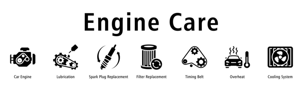 Engine Care web banner icon vector illustration with icons of Car Engine, Lubrication, Spark Plug Replacement, Filter Replacement, Timing Belt, Overheat and Cooling System.