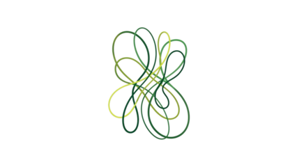 Abstract green and yellow tangled line art design creating a complex organic knot shape against a solid on transparent background