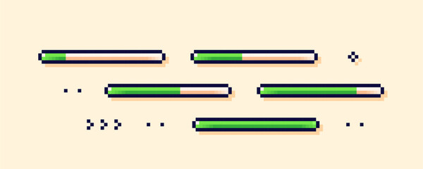Pixel art loading game scale. Five green life process bars.