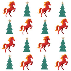 Holiday pattern with horses and Christmas trees.