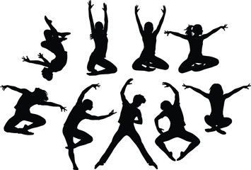 Large vector collection of dynamic ballet and contemporary dance silhouettes, featuring male and female figures in expressive leaps, graceful partnered poses, and classic artistic movements