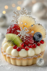 An exquisite tartlet with snowflakes and berries on a winter background