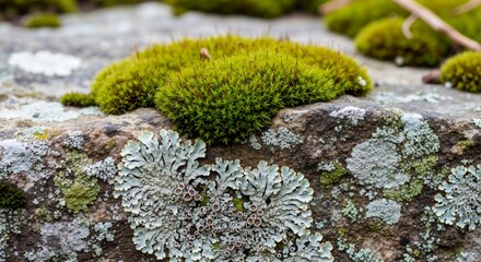 Macro of green microflora and blue lichen on granite stone.