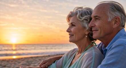Happy elderly couple on the beach against the backdrop of sunset, hugging and lovingly looking into the distance, warm lighting, cozy atmosphere, love and care, peace and harmony.