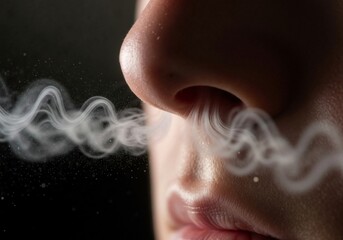 Profile view of person breathing out mist on black background. Respiration and cold breath concept