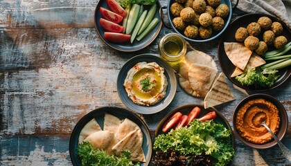 Exquisite Falafel Feast: A stunning overhead arrangement of a mouthwatering falafel spread, showcasing a diverse array of fresh ingredients, promising a delightful culinary journey.
