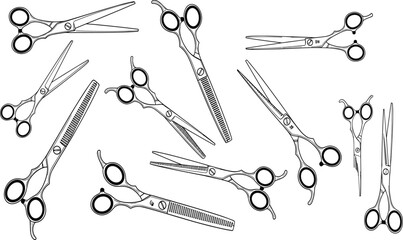 Professional hair cutting shears and thinning scissors vector illustration set, a collection of barbershop equipment, tools for hairdressing, styling, and grooming, isolated on a white background.