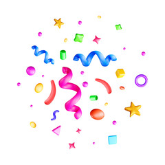 Colorful 3d abstract shapes and confetti. Whimsical scattering of stars, circles, and curlicues for celebration and festive design. Event decoration element for invitation. Vector illustration