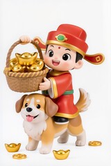 Naklejka premium Chibi God of Wealth riding a cute chibi dog, holding a basket of gold ingots, cheerful expression, glossy PVC figurine look, isolated on white background.