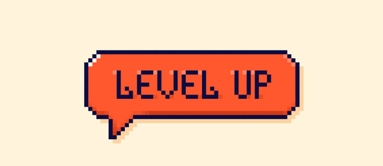 Pixel art user interface cloud. Red Level Up speech bubble.