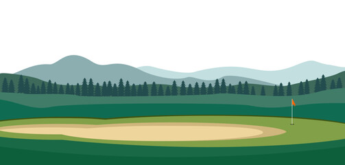 Obraz premium Golf court vector with mountains and pines tree on background