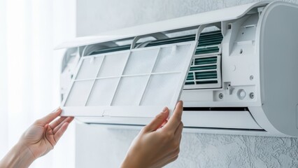 Dirty filter of air conditioner in female hands