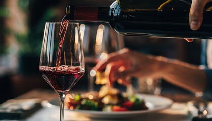 Fine Wine Pour: A sophisticated ambiance comes alive as a sommelier delicately pours rich, ruby-red wine into a crystal glass, a perfect pairing to elevate the dining experience.