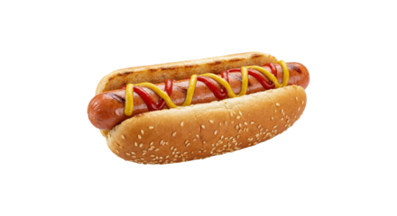 Delicious grilled hot dog with mustard and ketchup in a sesame seed bun on a black background