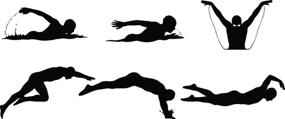 Swimmer silhouette, freestyle stroke, butterfly technique, diving pose, competitive swimming, water splash, athlete motion, aquatic sport, pool training, dynamic action
