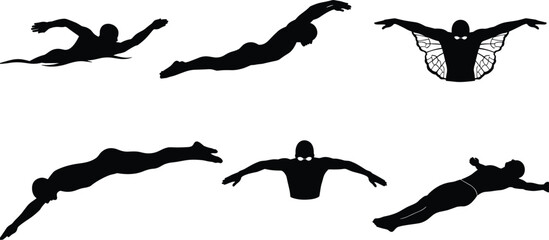 Swimmer silhouette, butterfly stroke, freestyle motion, diving pose, floating position, athlete icon, water sport, swimming technique, dynamic action, pool training