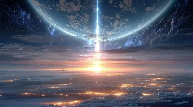 Cosmic spectacle Glowing planet emits beam of light over earthlike clouds at sunset