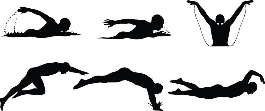 Swimmer silhouette, freestyle stroke, butterfly technique, diving pose, competitive swimming, water splash, athlete motion, aquatic sport, pool training, dynamic action