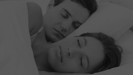 Couple is sleeping under white sheets and pillows in flat design bedroom scene, with wellness theme